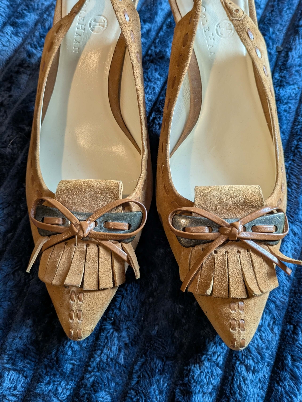 Cole Haan Tan Suede Kiltie Pointed-Toe Heels with Bow Accent